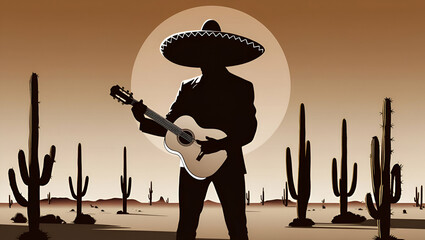 Mariachi skull playing guitar comic character, Mexican scenery with cartoon characters, cartoon cheerful mustache man in a sombrero with a guitar, mexican background, Generative Ai 