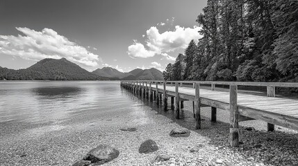 Obraz premium A tranquil wooden pier over crystal-clear water, with vibrant reflections of the sky, bordered by lush green trees and distant hills black and white photo.