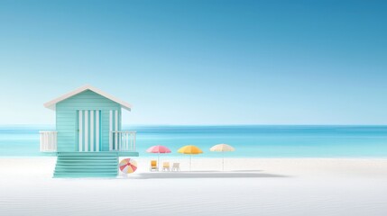 Fototapeta premium A vintage-inspired lifeguard hut with striped accents, overlooking a wide expanse of sandy beach, colorful beach umbrellas dotting the scene, and clear skies.