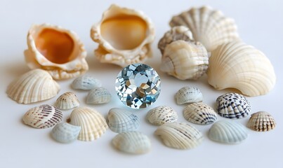Blue gemstone surrounded by seashells on white background.