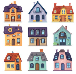 Fototapeta premium set of flat, vintage old town houses on a white background