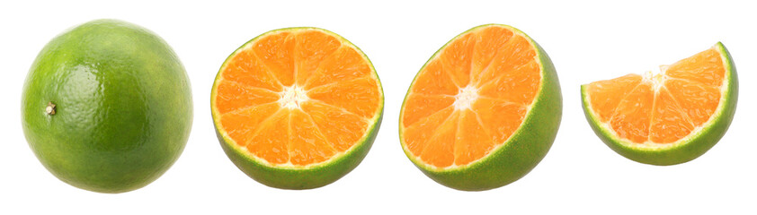 Close-up, Tangerine orange or Clementine, half and slices isolated, transparent PNG, PNG format,...
