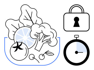 Mixed vegetables including tomato, broccoli, leafy greens, and lemon. Lock and timer indicating security and efficiency. Ideal for healthy living, diet planning, time management, wellness nutrition