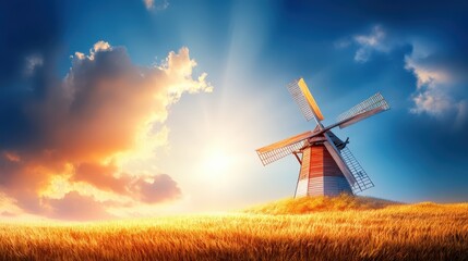 An ancient windmill with red wooden walls and traditional wooden blades, situated on a rugged hill, surrounded by golden meadows glowing in the sunlight, under a bright sky with soft clouds