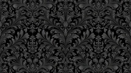 Intricate Black Floral Damask Pattern with Elegant Swirls and Detailed Design Elements