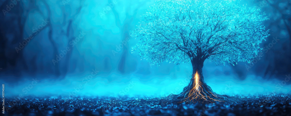 Poster A mystical tree glowing in a foggy forest, creating a serene and enchanting atmosphere.