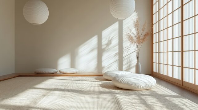Minimalist ese living room featuring soft pastel tones, paper lanterns, and a handwoven floor mat