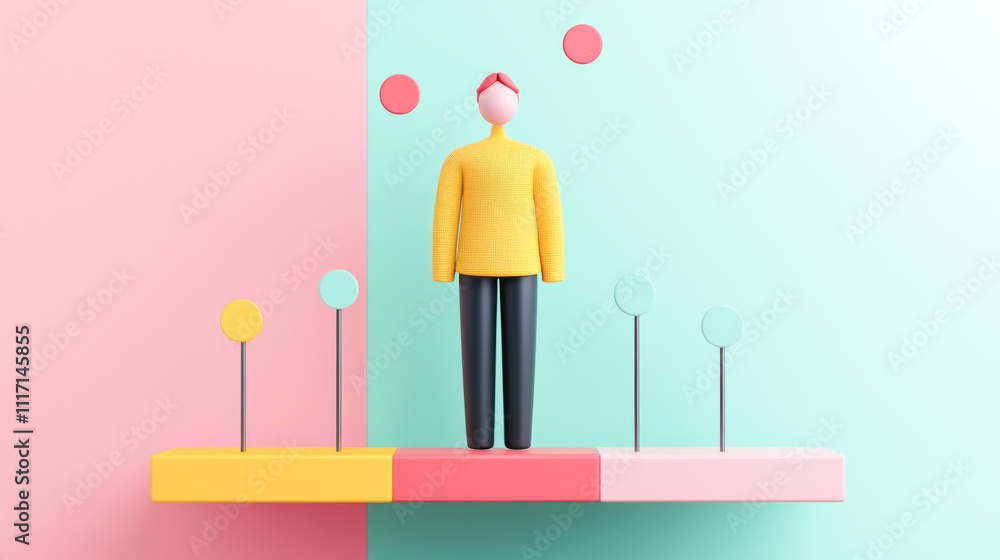 Poster a colorful 3d illustration of a person standing on a platform with abstract shapes.
