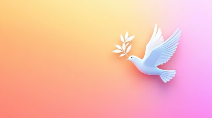 Playful illustration of a white dove with smooth outlines, carrying an olive branch, set against a bright and cheerful gradient background, radiating freedom and hope