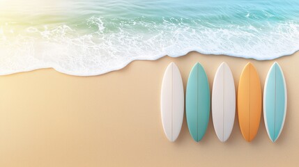 Surfboards arranged in a semi-circle on a sunlit beach, with gentle waves lapping the shore, a classic vintage feel with muted tones and coastal serenity.