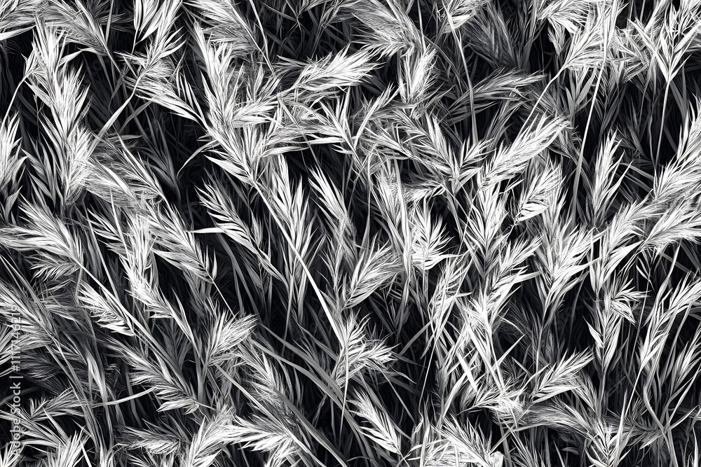 Poster a monochromatic close-up of grass-like plants creating a textured, abstract pattern.