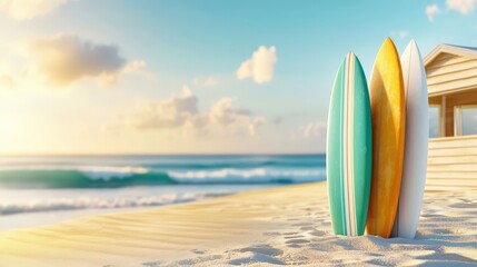 Vintage surfboards resting upright on a sandy beach, surrounded by soft ocean waves, warm sunlight, and a retro surf shack in the background, nostalgic summer vibe.