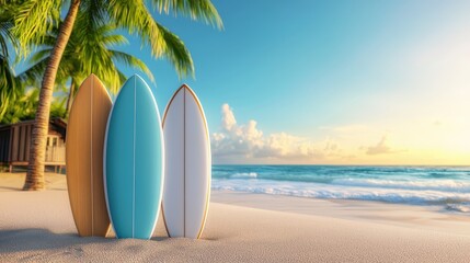 Vintage surfboards resting upright on a sandy beach, surrounded by soft ocean waves, warm sunlight, and a retro surf shack in the background, nostalgic summer vibe.