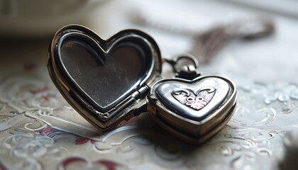 close up of a heart shaped locket open on a table