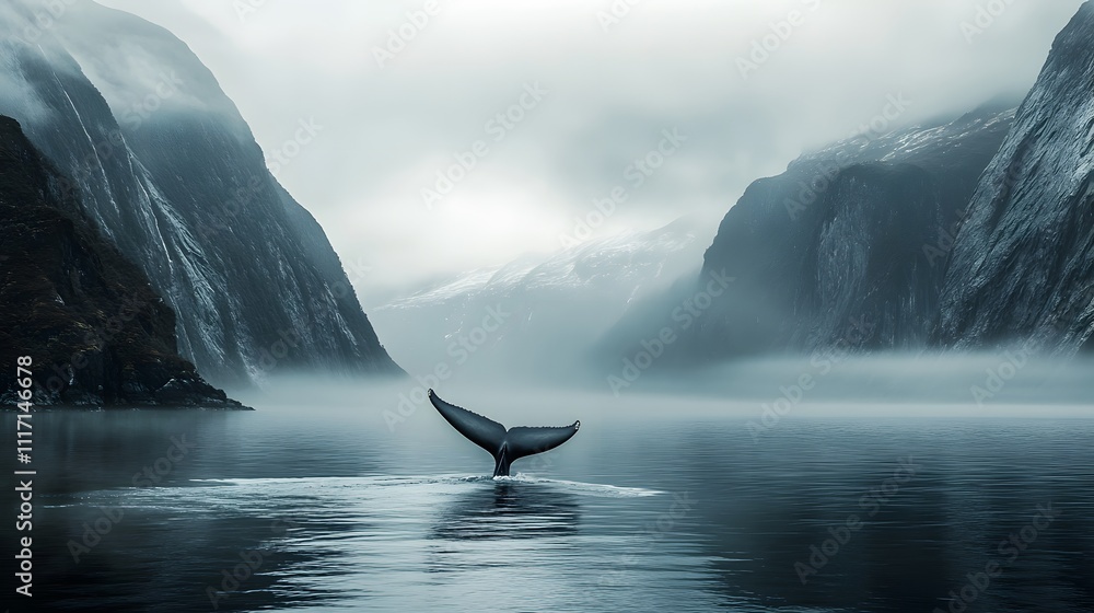Poster a serene scene of a whale's tail emerging from misty waters between towering cliffs.