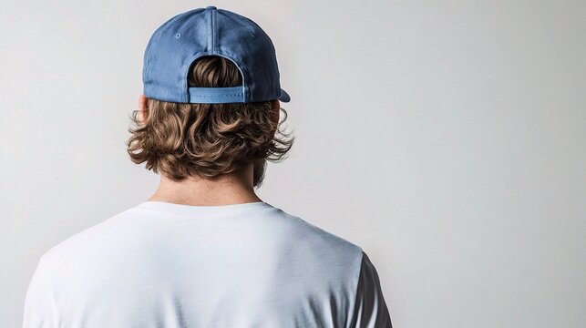 Man in Stylish Blue Baseball Cap with Long Hair from Back View