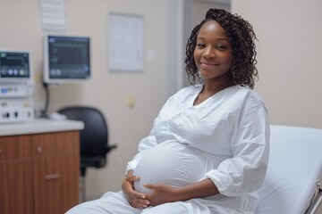 A pregnant Black woman seated on an examination table in a medical office, wearing a white hospital gown and smiling confidently, with medical monitors and equipment visible in the background