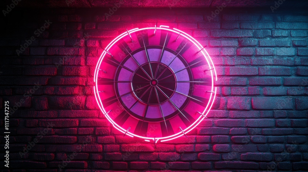 Aufkleber bright neon lights form a circular design mounted on a rough brick wall, casting an inviting glow. t