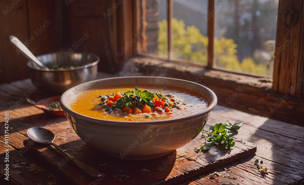Poster a bowl of soup is sitting on a wooden table with a spoon next to it. the bowl is filled with a varie