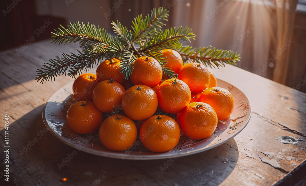 Aufkleber A plate of oranges is on a wooden table. The oranges are arranged in a way that they look like they are on a tree. The plate is white and the oranges are orange. Scene is warm and inviting
