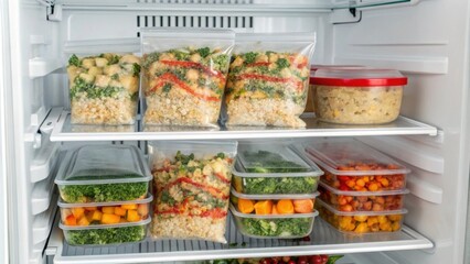 An organized freezer reveals a vertical layout where clear bags filled with preportioned meals hang from specially designed racks. Each bag is carefully pressed flat to save space