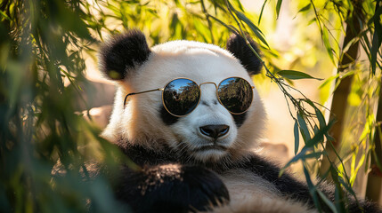 Obraz premium Panda wearing round sunglasses, relaxing under a bamboo tree, soft natural lighting