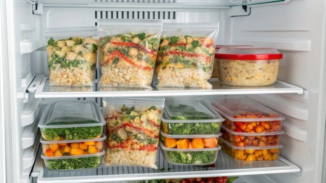 An organized freezer reveals a vertical layout where clear bags filled with preportioned meals hang from specially designed racks. Each bag is carefully pressed flat to save space