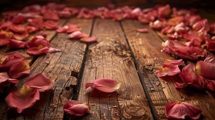 Scattered rose petals on rustic wooden surface.