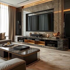 Luxurious home theater with large screen TV, marble surfaces, and premium audio system.