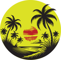 illustration of sunset and coconut trees and round shape t-shirt design