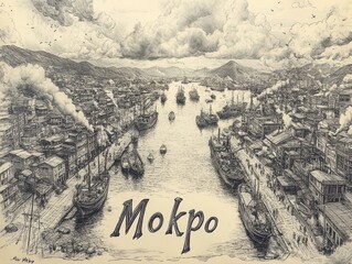 Detailed Sketch of Timeless Mokpo Port City with Bustling Harbor
