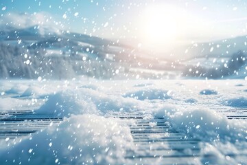 A serene winter landscape with snowflakes falling and sunlight illuminating the snowy ground.