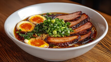 Delicious Ramen Bowl Pork Egg Noodles Broth Spring Onions