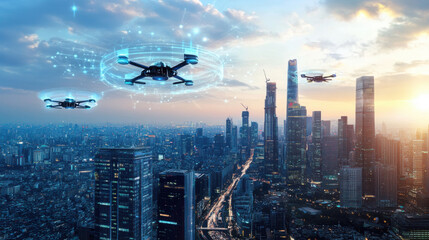 Futuristic city skyline with drones flying over urban landscape