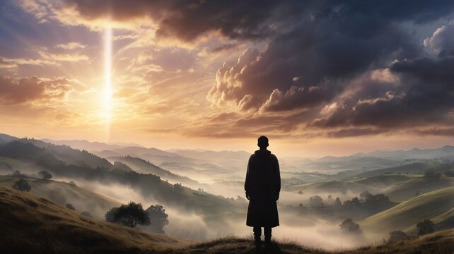 The silhouette of a solitary person gazing up at a luminous, heavenly sky with swirling clouds and beams of ethereal light. The foreground features soft, rolling hills fading into the mist.
