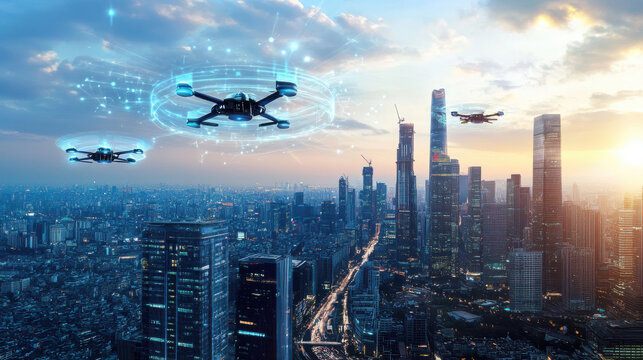 Futuristic city skyline with drones flying over urban landscape