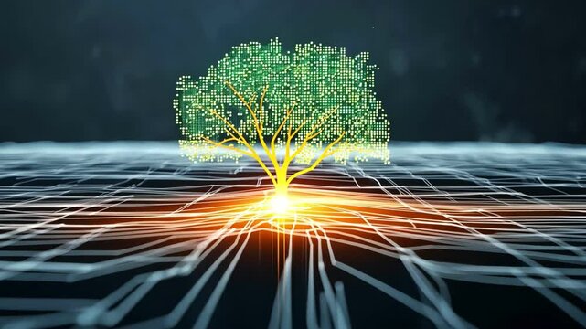 Digital representation of a tree emerging from a network, symbolizing growth and technology.