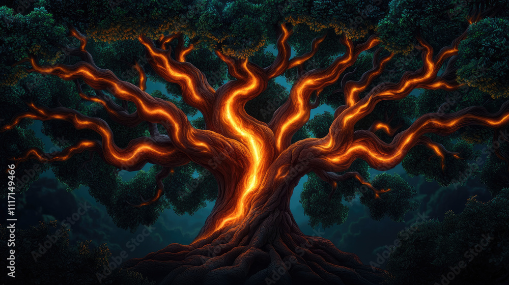 Poster a mystical tree with fiery branches illuminating the dark forest surrounding it.