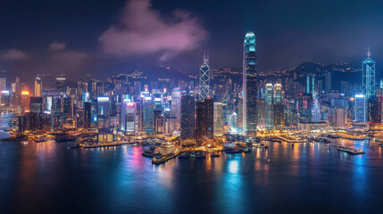 Fototapeta premium stunning panoramic view of smart city skyline at night, showcasing vibrant lights and modern