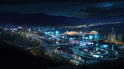 Fototapeta premium panoramic view of smart city at night, showcasing vibrant lights and modern architecture