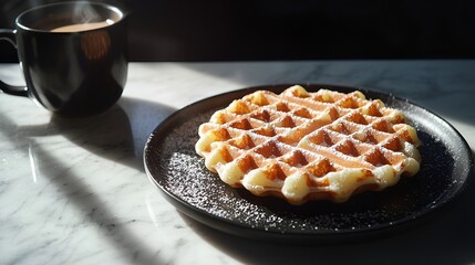 A beautifully textured, small, thick and oval waffle