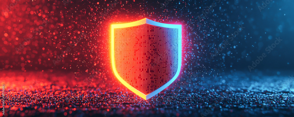 Poster a glowing shield symbol on a dark background representing security and protection.