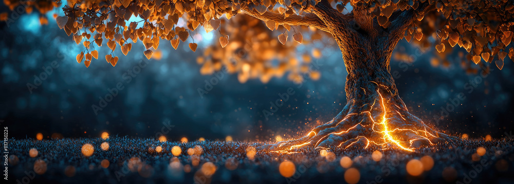 Poster a mystical tree with glowing roots surrounded by sparkling lights in a magical setting.