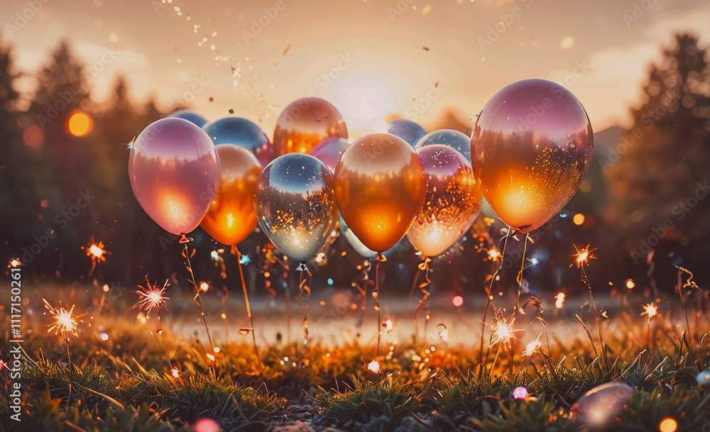 Poster A bunch of colorful balloons are scattered across a field, creating a festive and joyful atmosphere. The balloons are of various sizes and colors, with some being larger and more prominent than others
