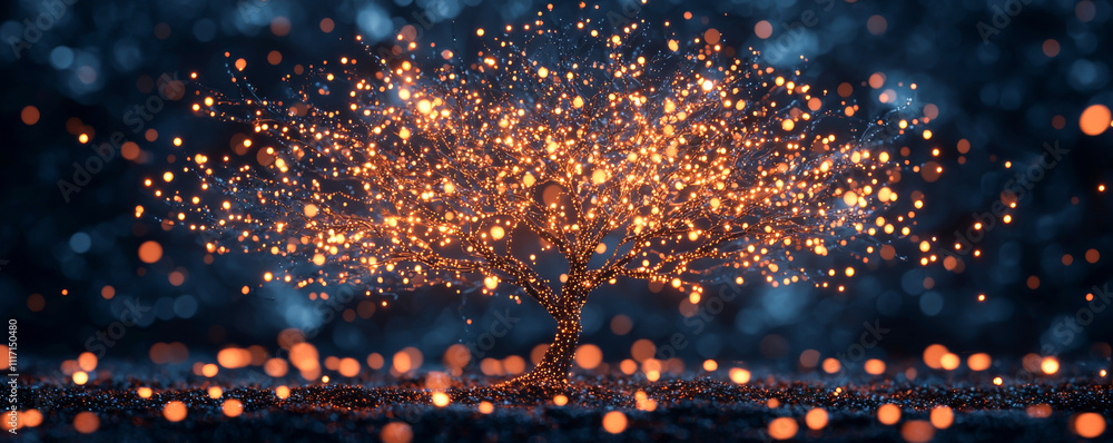 Poster a glowing tree filled with sparkling lights creating a magical atmosphere.