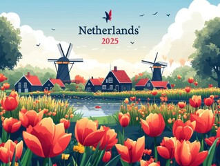 Whimsical Illustration of Traditional Dutch Village "Nieuweland" with Windmills and Blooming Tulips for Spring Tourism Marketing