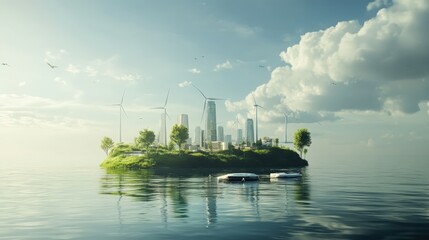 Naklejka premium Conceptual design of a floating city powered by renewable energy sources