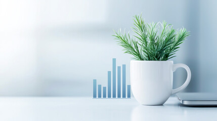 A green plant in a white cup on a desk with a graph in the background, symbolizing growth.