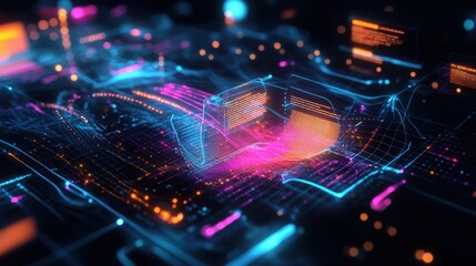 Obraz premium Abstract digital landscape with vibrant neon colors representing data and technology.