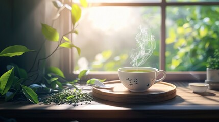 Serene Morning Tea Green Tea Sunlit Window Relaxation